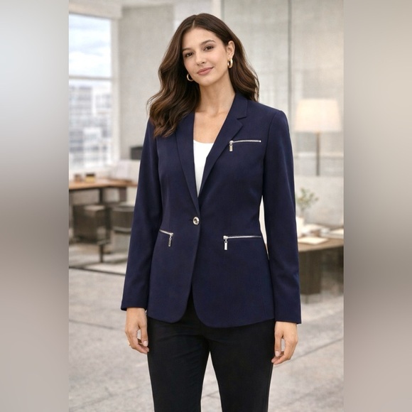 Tahari Arthur S Levine Jackets & Blazers - Tahari Arthur S Levine Navy Blazer 4P Petite One Button Silver Zip Career Jacket